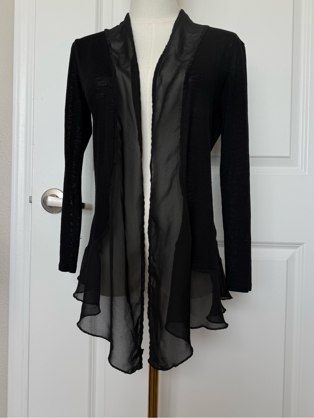 Metaphor Black Open Front Cardigan Medium Chiffon Trim Whimsigoth Draped Hem